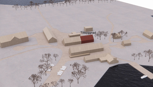 Illustration över byggnaderna på Tiraholm med nya Forskningsstation Bolmen markerad i rött