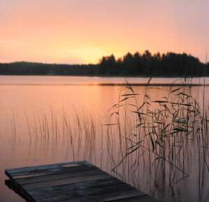 Sjö i solnedgång. Brygga och vass.